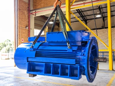 Motor eléctrico azul suspendido en taller industrial